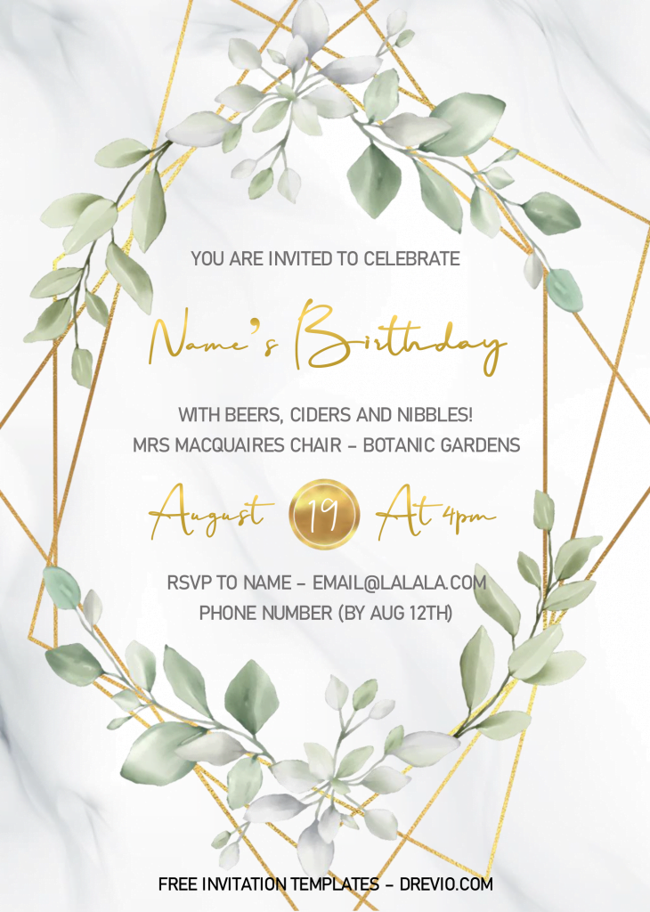 Gold Geometric Invitation Templates - Editable .Docx and has white marble background