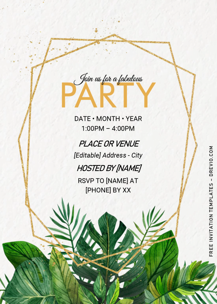 Greenery Gold Geometric Invitation Templates - Editable .Docx and has tropical vibes