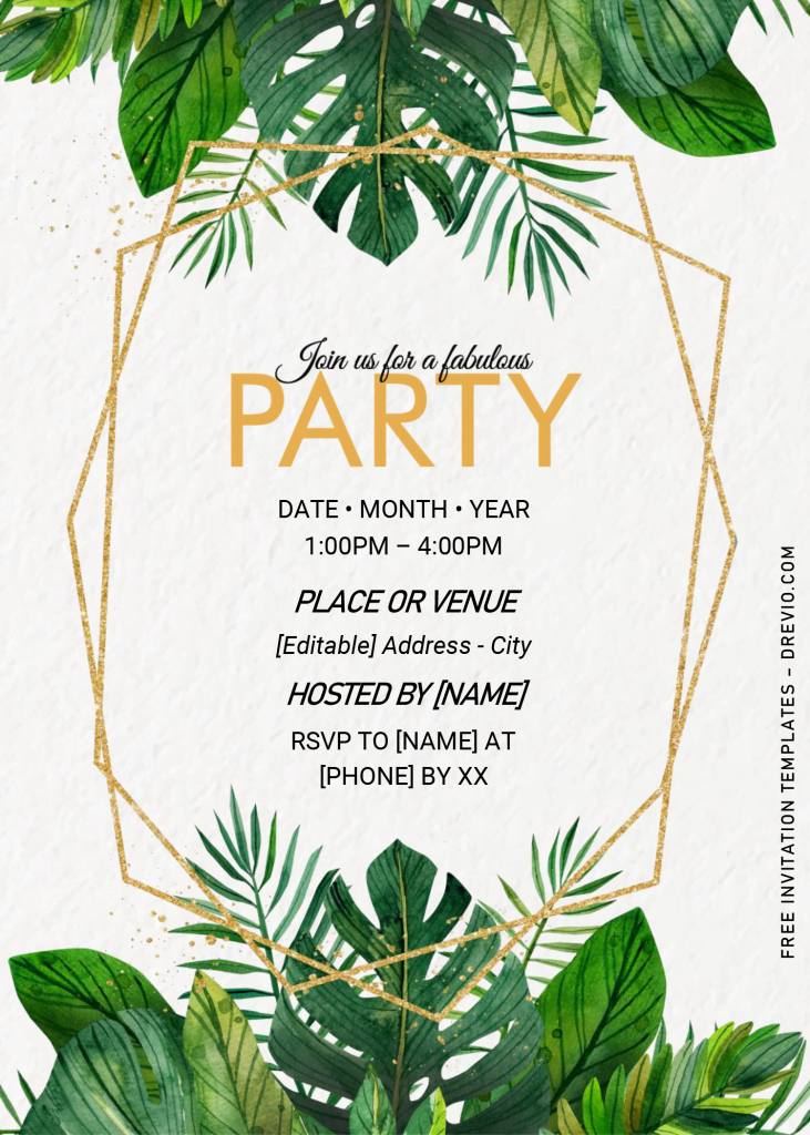 Greenery Gold Geometric Invitation Templates - Editable .Docx and has green monstera leaves