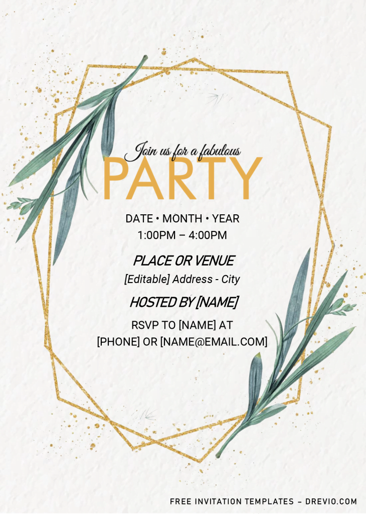 Greenery Gold Geometric Invitation Templates - Editable .Docx and has gold sprinkles and canvas background