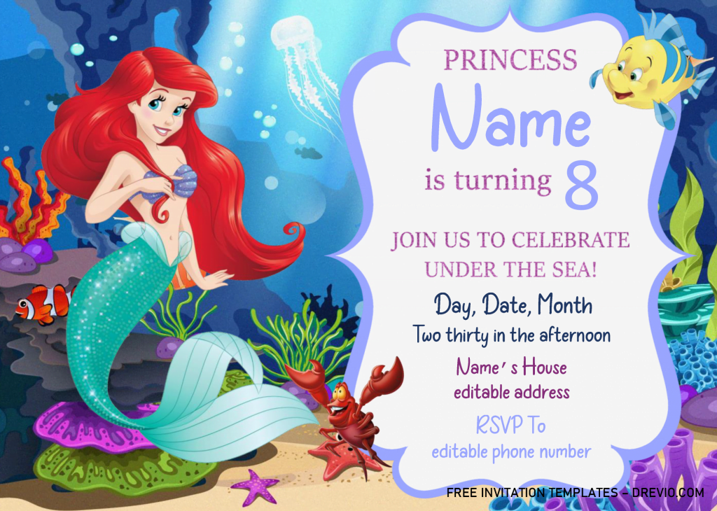 Little Mermaid Birthday Invitation Templates - Editable .Docx and has under the sea background