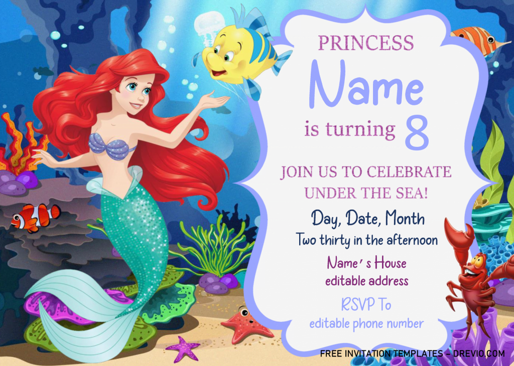 Little Mermaid Birthday Invitation Templates - Editable .Docx and has flounder and Ariel the mermaid
