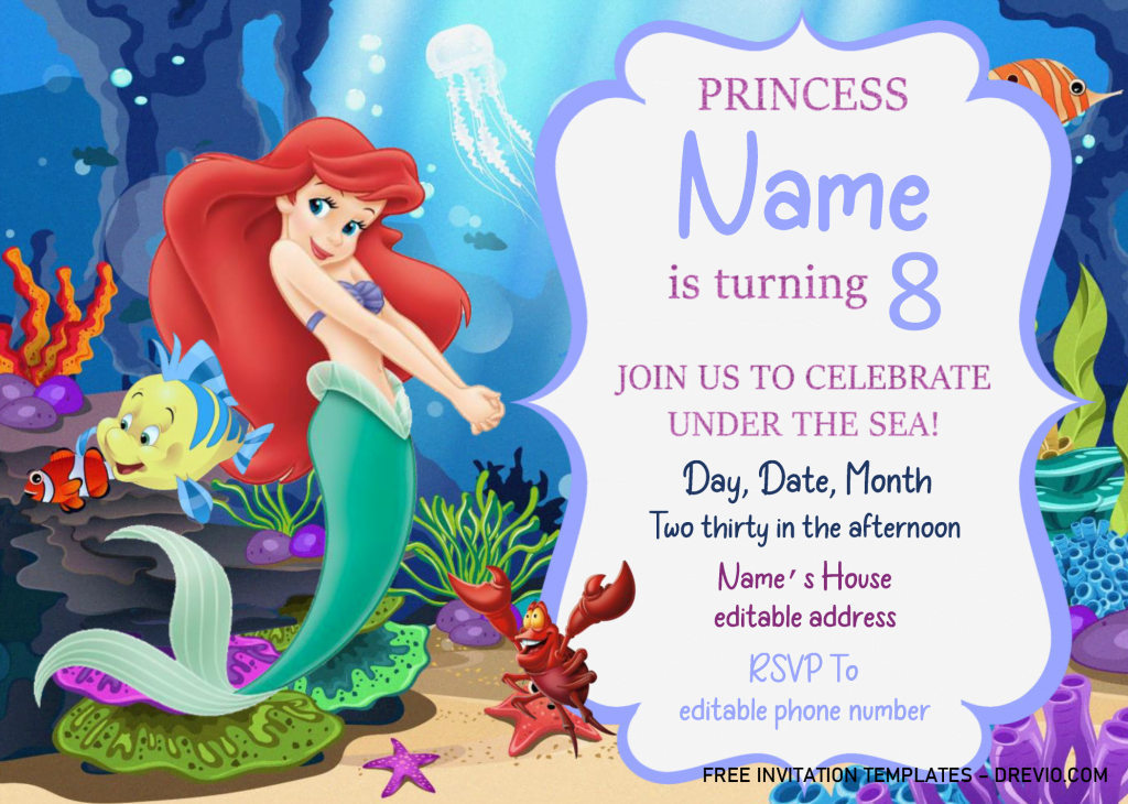 Little Mermaid Birthday Invitation Templates - Editable .Docx and has blue bracket frame