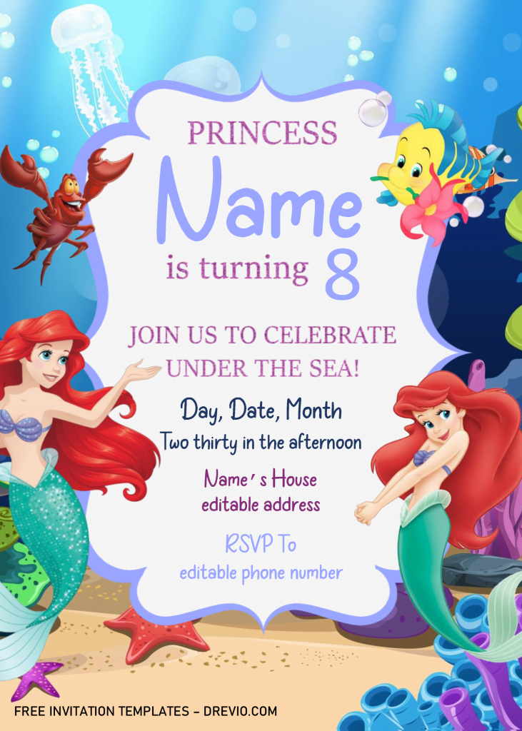 Little Mermaid Birthday Invitation Templates - Editable .Docx and has portrait orientation design