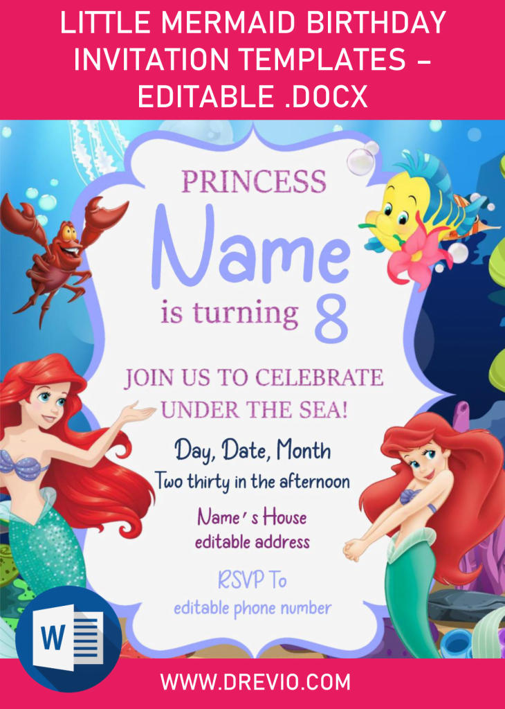 Invitation Template of Little Mermaid Birthday Invitation Templates - Editable .Docx 1