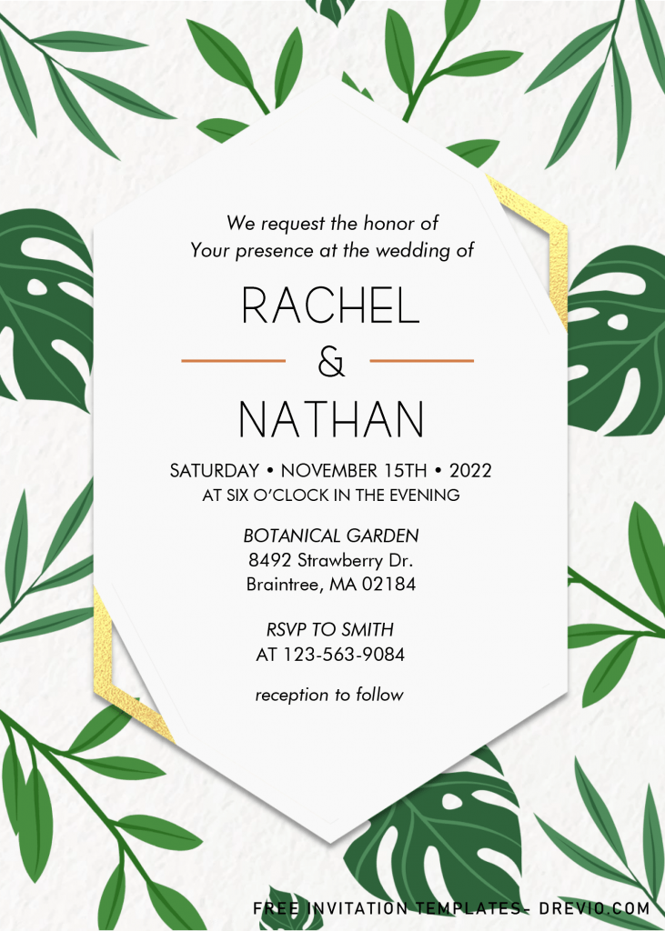 Tropical Leaves Invitation Templates - Editable With MS Word and has green monstera leaves