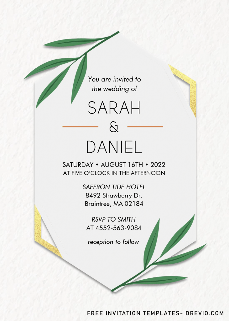 Tropical Leaves Invitation Templates - Editable With MS Word and has gold hexagon text box