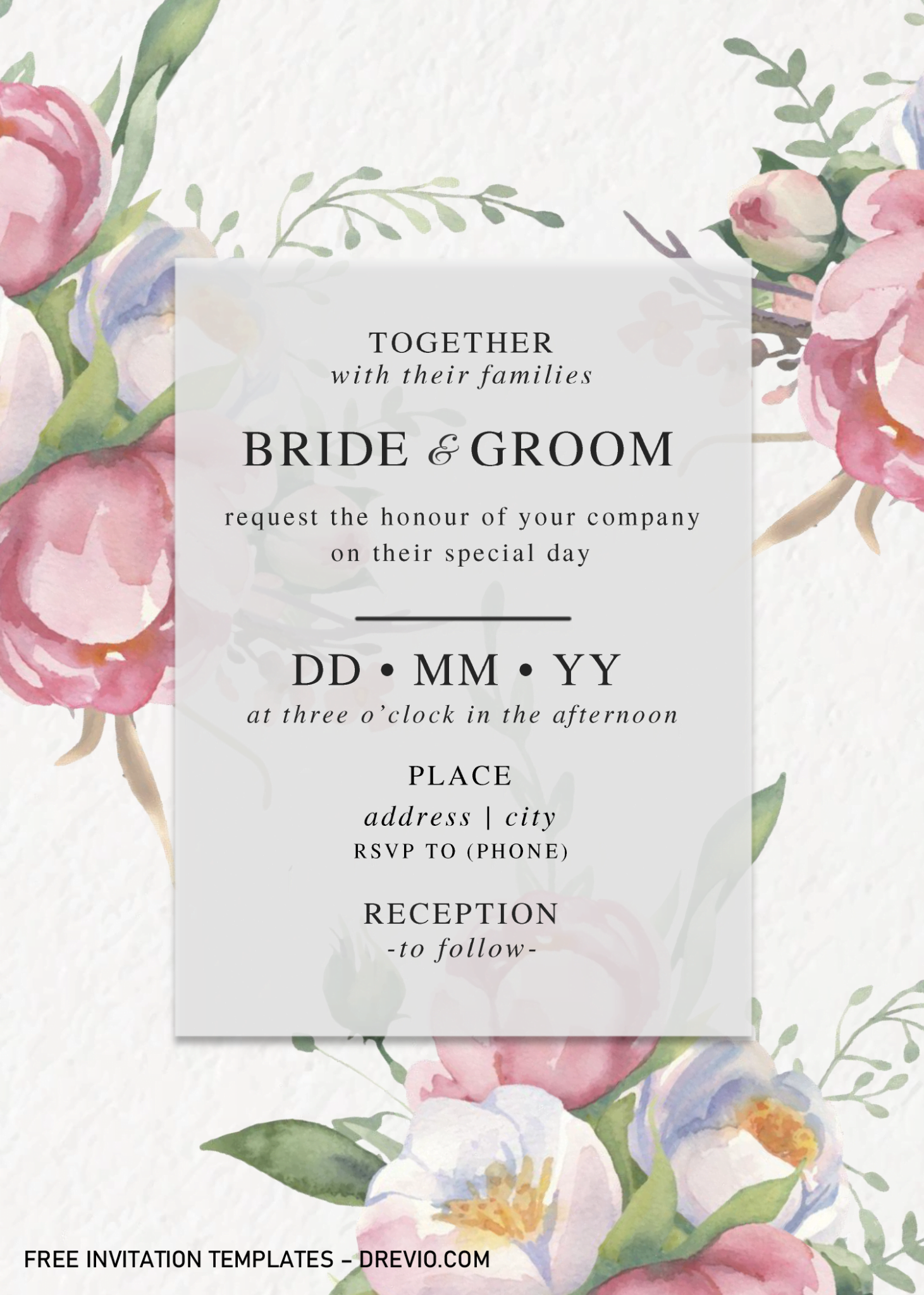 Watercolor Peony Invitation Templates - Editable With MS Word - Drevio ...