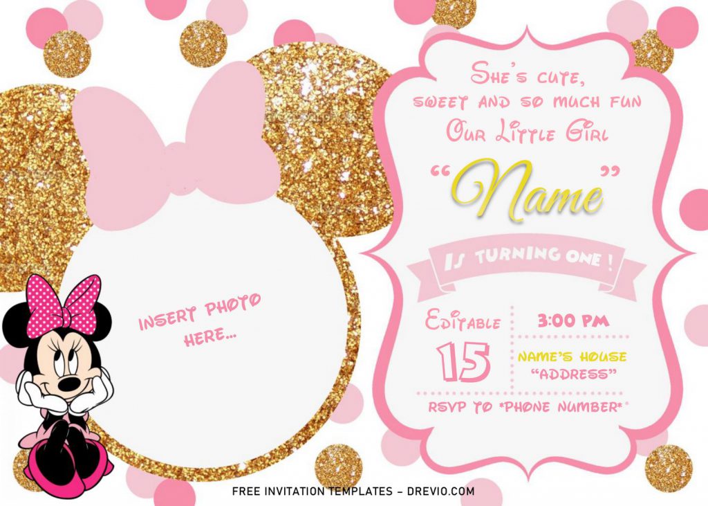 Pink And Gold Glitter Minnie Mouse Baby Shower Invitation Templates - Editable .Docx and has cute Minnie leaning on her hand