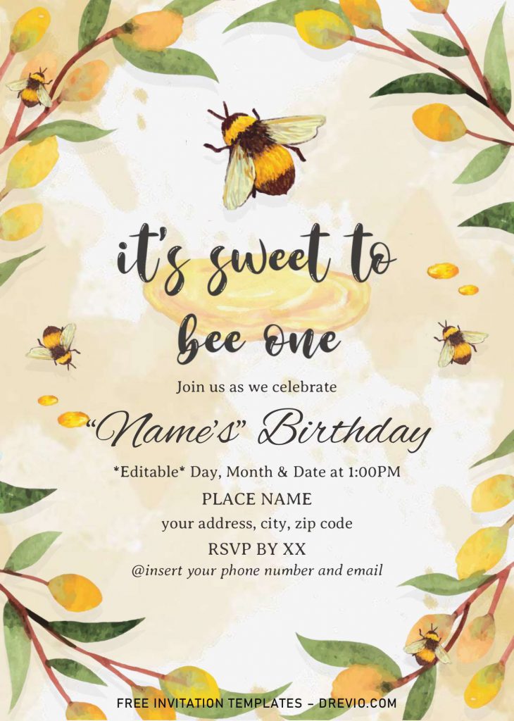 First Bee Day Birthday Invitation Templates - Editable .Docx and has