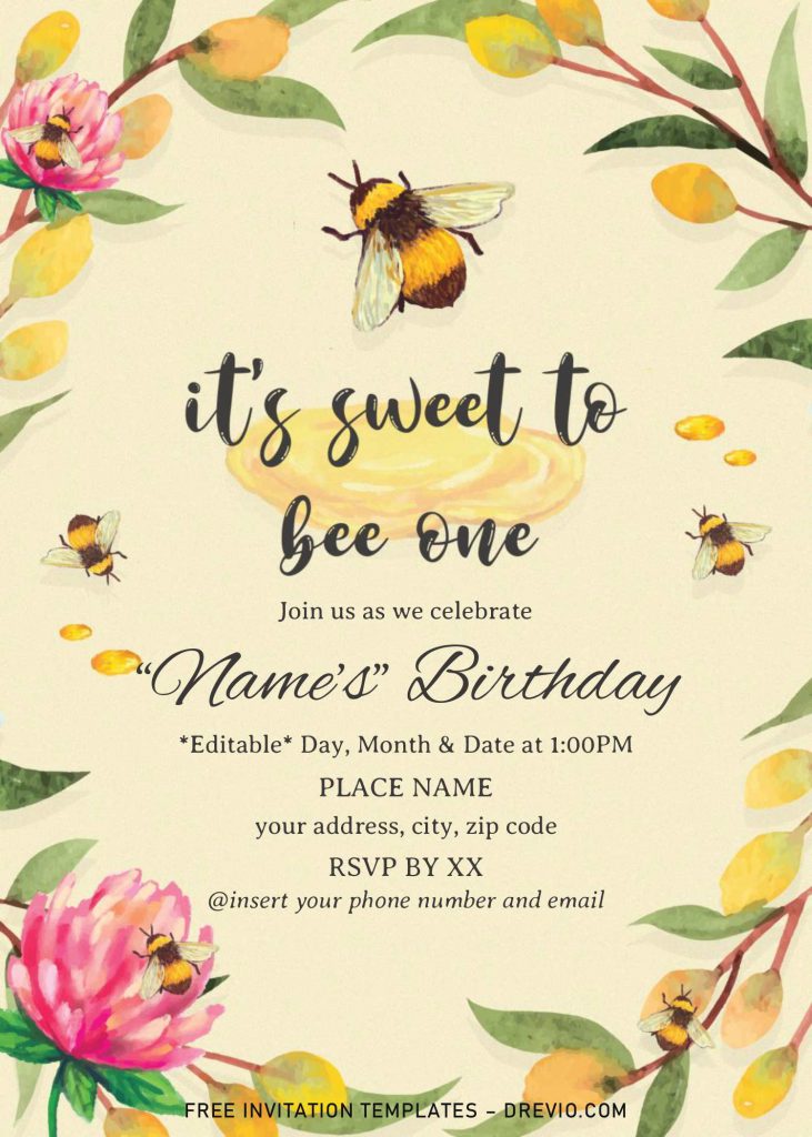 First Bee Day Birthday Invitation Templates - Editable .Docx and has watercolor bee and pink rose