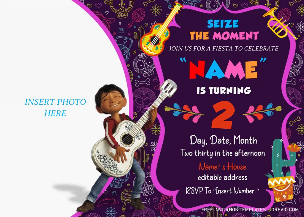 Coco Birthday Invitation Templates - Editable With MS Word and has Miguel playing guitar