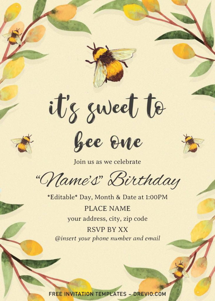 First Bee Day Birthday Invitation Templates - Editable .Docx and has bumble bee