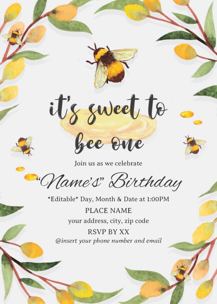 First Bee Day Birthday Invitation Templates - Editable .Docx and has watercolor honey