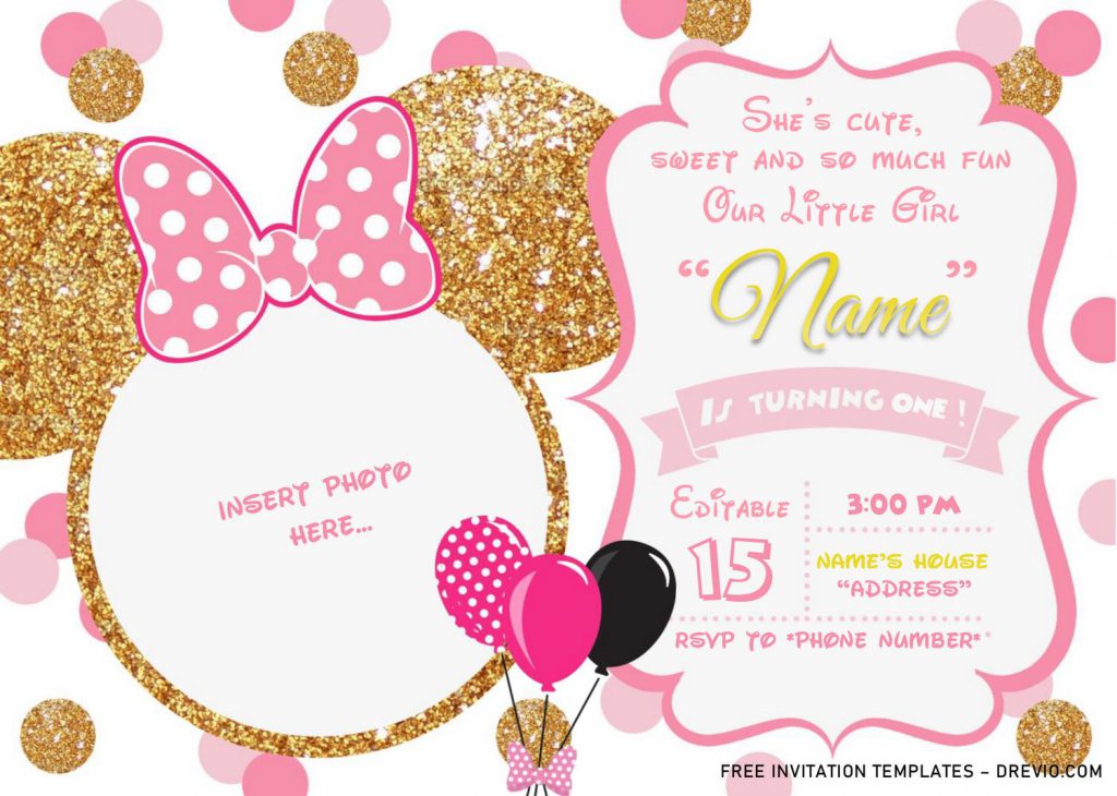 Pink And Gold Glitter Minnie Mouse Baby Shower Invitation Templates - Editable .Docx and has pink and black balloons
