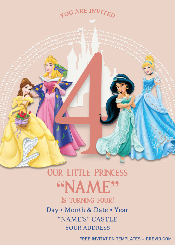 Disney Princess Birthday Invitation Templates - Editable With MS Word and has white disney castle