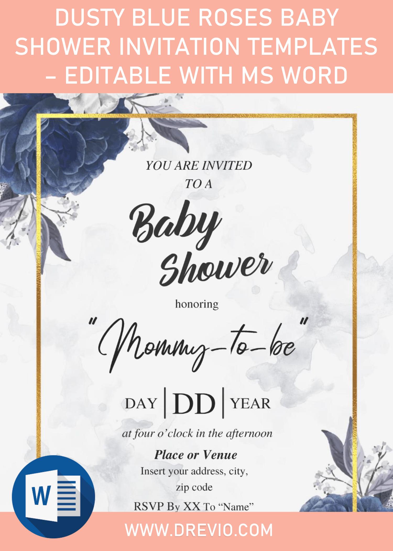 Dusty Blue Roses Baby Shower Invitation Templates - Editable With MS Word