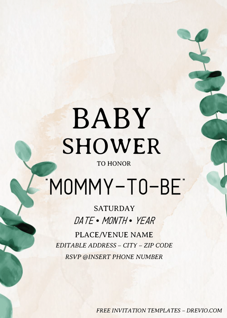 Eucalyptus Baby Shower Invitation Templates - Editable .Docx and has minimal design