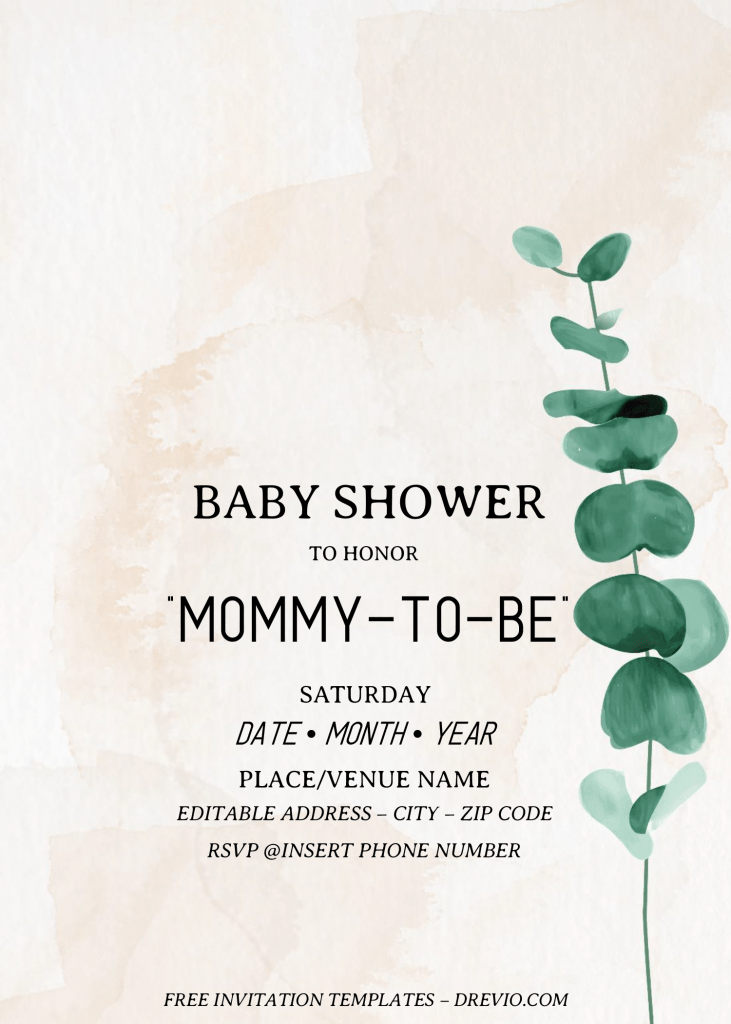 Eucalyptus Baby Shower Invitation Templates - Editable .Docx and has green watercolor eucalyptus