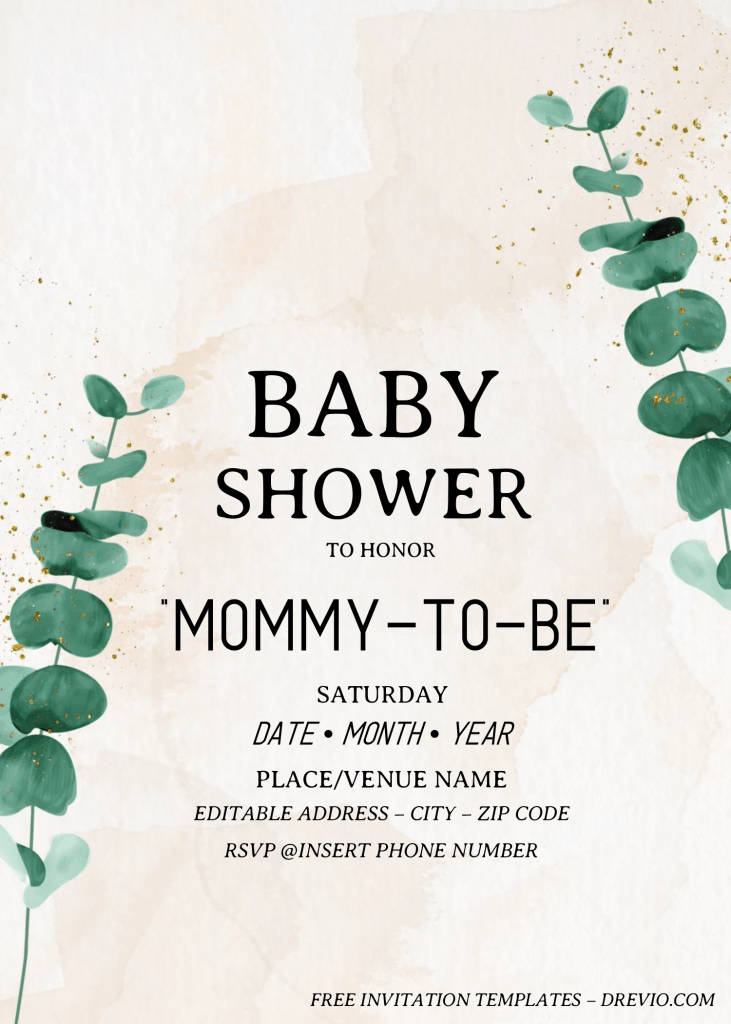 Eucalyptus Baby Shower Invitation Templates - Editable .Docx and has rustic background