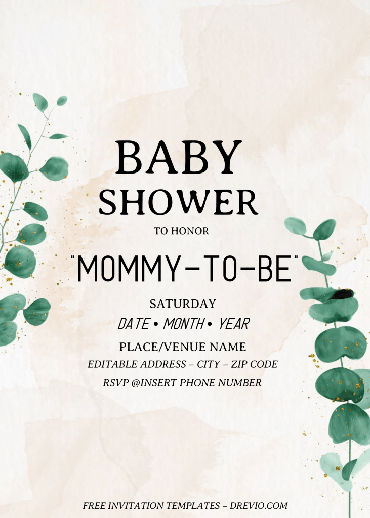 Eucalyptus Baby Shower Invitation Templates - Editable .Docx and has rustic paper grain texture