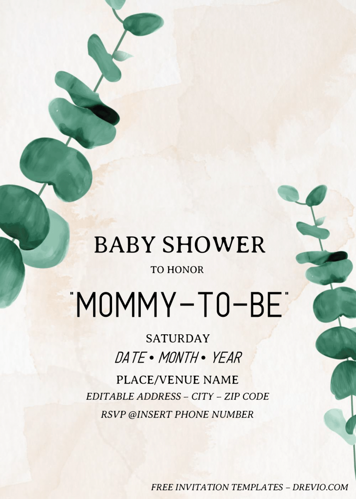 Eucalyptus Baby Shower Invitation Templates - Editable .Docx and has portrait design