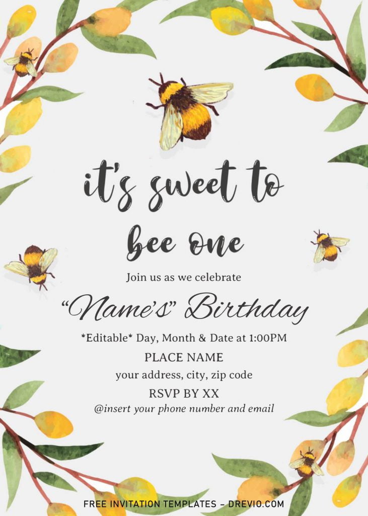 First Bee Day Birthday Invitation Templates - Editable .Docx and has cute little bee