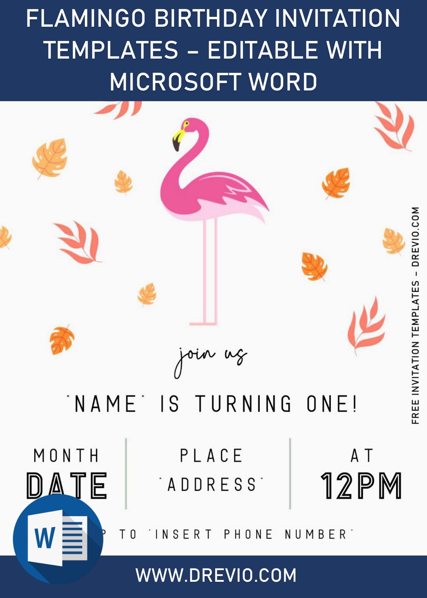Flamingo Birthday Invitation Templates - Editable With Microsoft Word and has green leaves