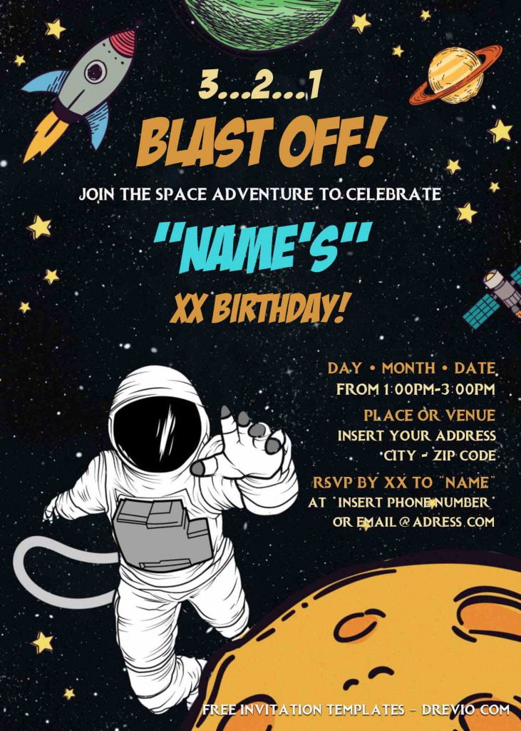 Free Astronaut Birthday Invitation Templates For Word and has sparkling stars
