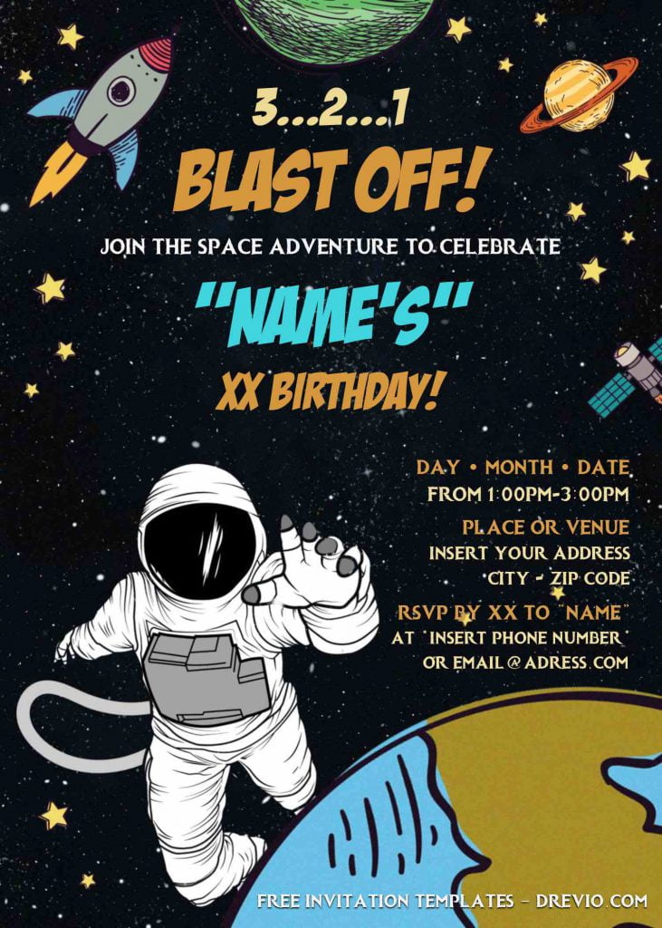 Free Astronaut Birthday Invitation Templates For Word and has spaceship and planet jupiter