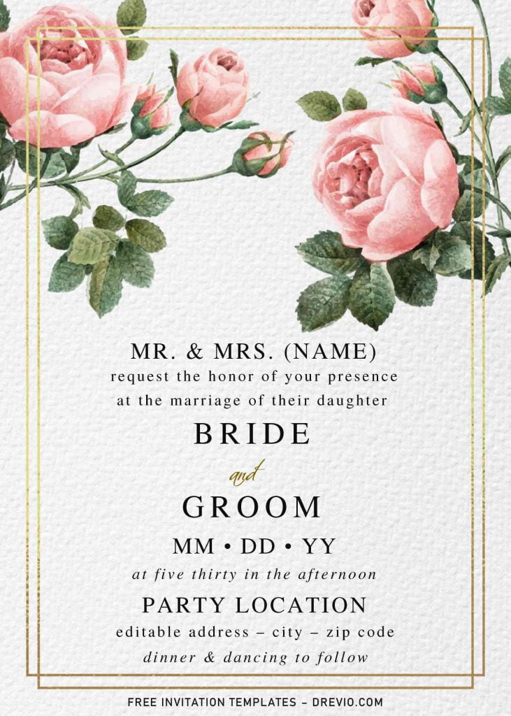 Free Vintage Rose Wedding Invitation Templates For Word and has blush pink roses