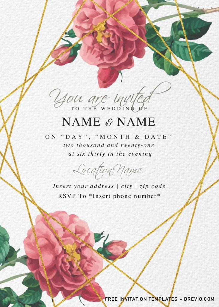 Free Botanical Floral Wedding Invitation Templates For Word and has gold geometric pattern