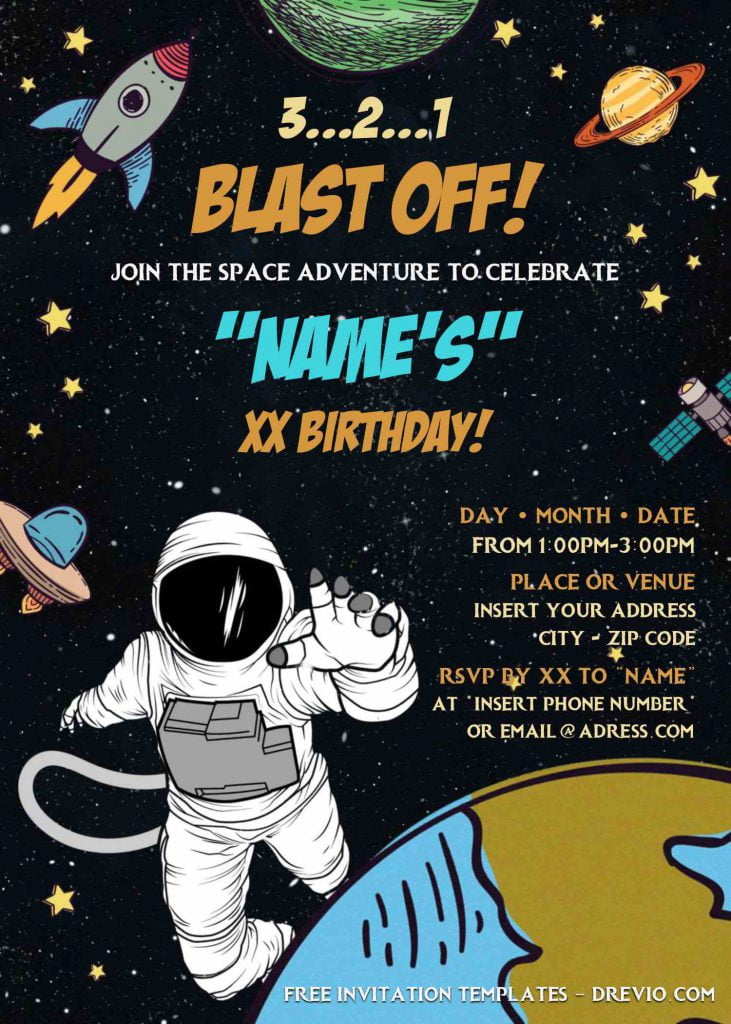 Free Astronaut Birthday Invitation Templates For Word and has cute cartoon astronaut