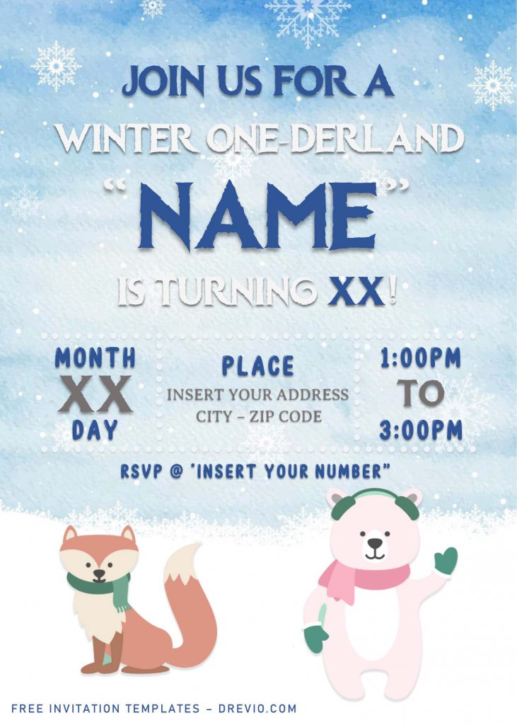 Free Winter Wonderland Birthday Invitation Templates For Word and has cute baby fox and baby polar bear