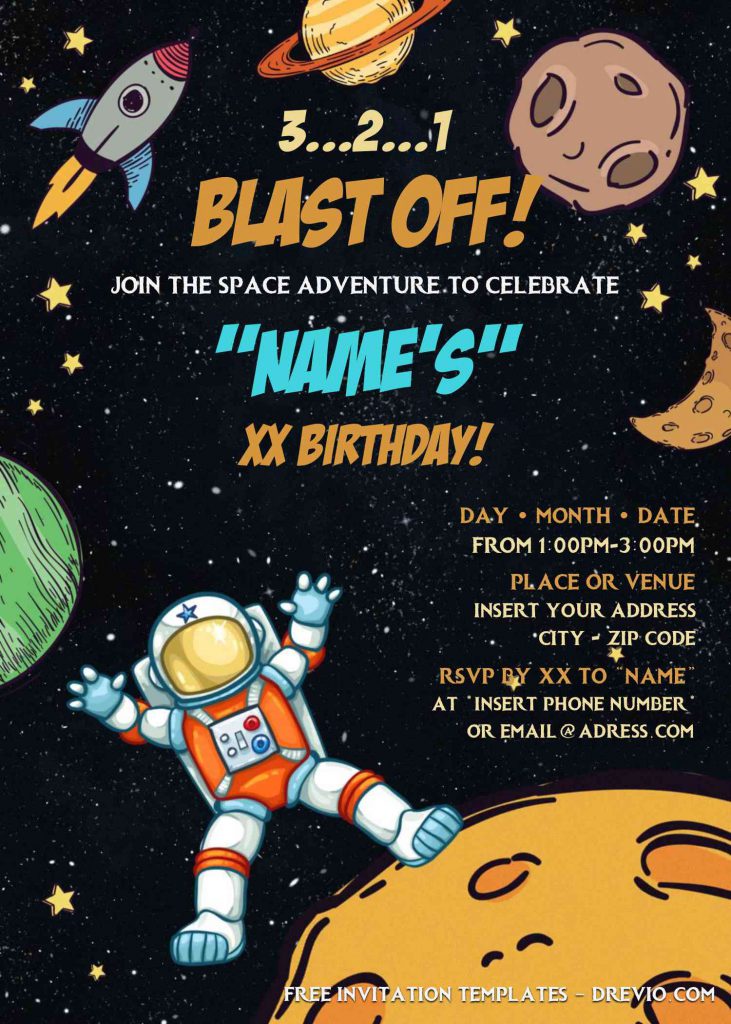 Free Astronaut Birthday Invitation Templates For Word and has portrait orientation