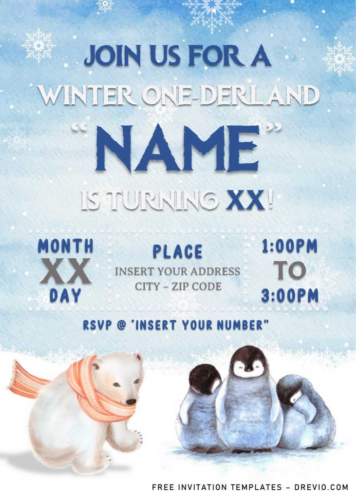 Free Winter Wonderland Birthday Invitation Templates For Word and has cute penguins