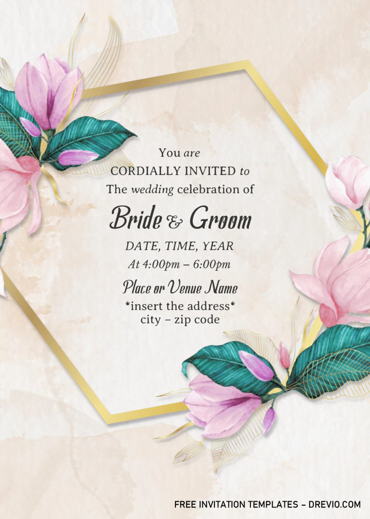 Gold Frame Floral Wedding Invitation Templates - Editable With MS Word and has gold foil frame