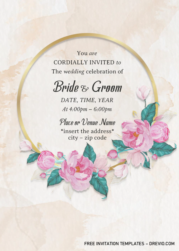 Gold Frame Floral Wedding Invitation Templates - Editable With MS Word and has watercolor flowers and circle text frame
