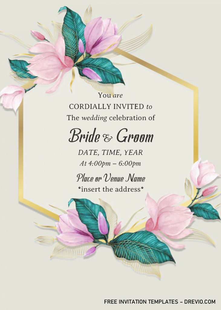 Gold Frame Floral Wedding Invitation Templates - Editable With MS Word and has hexagon shape frame