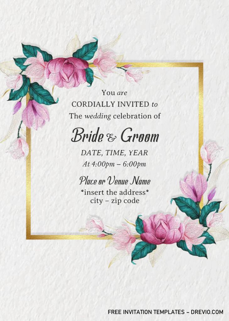 Gold Frame Floral Wedding Invitation Templates - Editable With MS Word and has square foliage frame