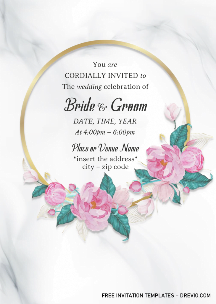 Gold Frame Floral Wedding Invitation Templates - Editable With MS Word and has white marble background