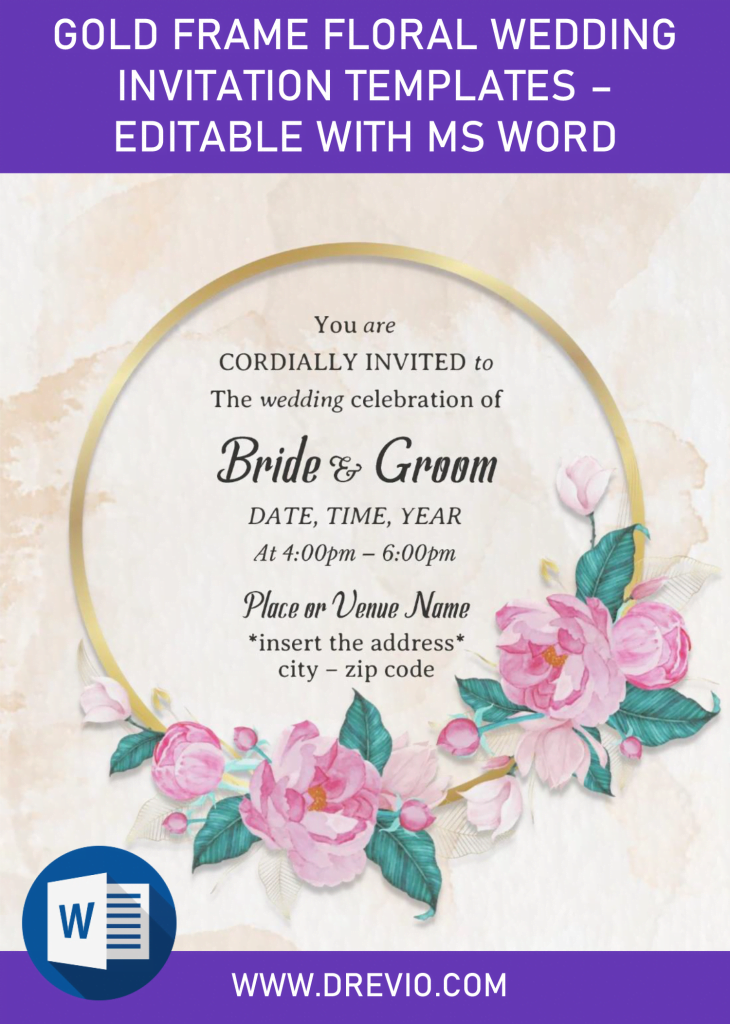 Invitation Template of Gold Frame Floral Wedding Invitation Templates - Editable With MS Word 1