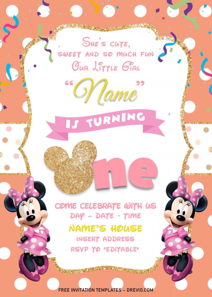 Gold Glitter Minnie Mouse Birthday Invitation Templates - Editable With MS Word and has 