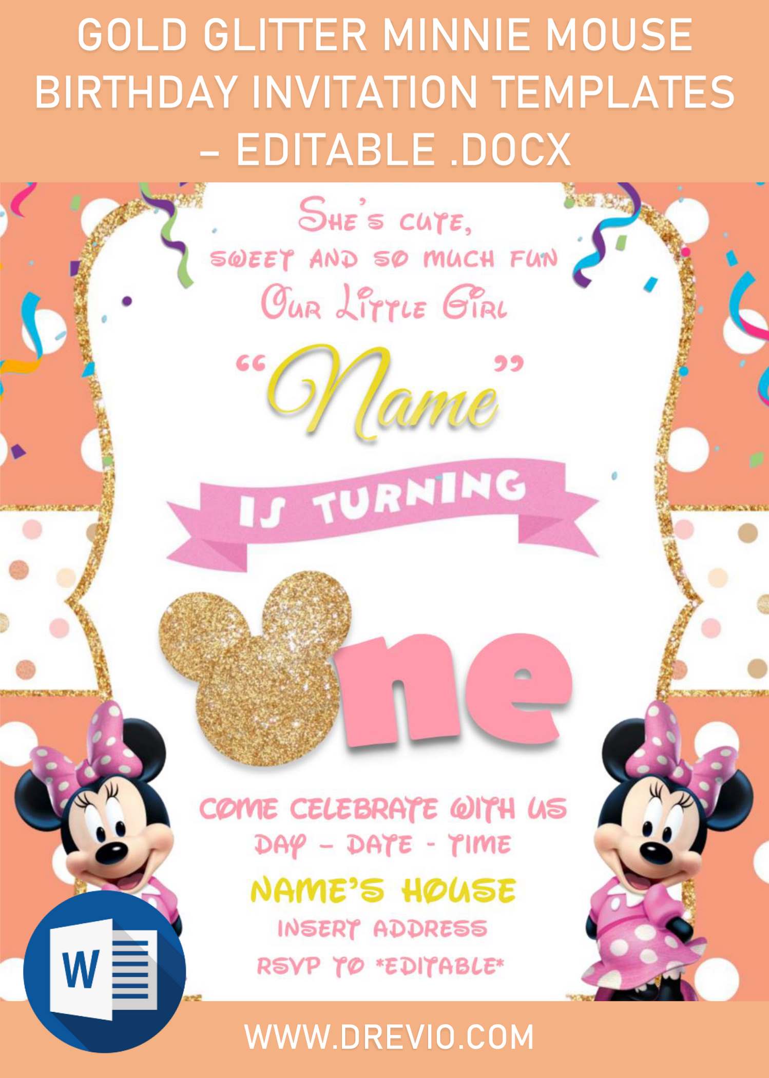 Gold Glitter Minnie Mouse Birthday Invitation Templates - Editable With MS Word and has colorful confetti