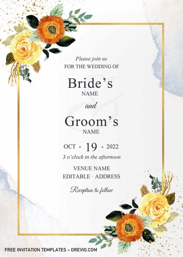 Golden Frame Wedding Invitation Templates - Editable With Microsoft Word and has watercolor floral