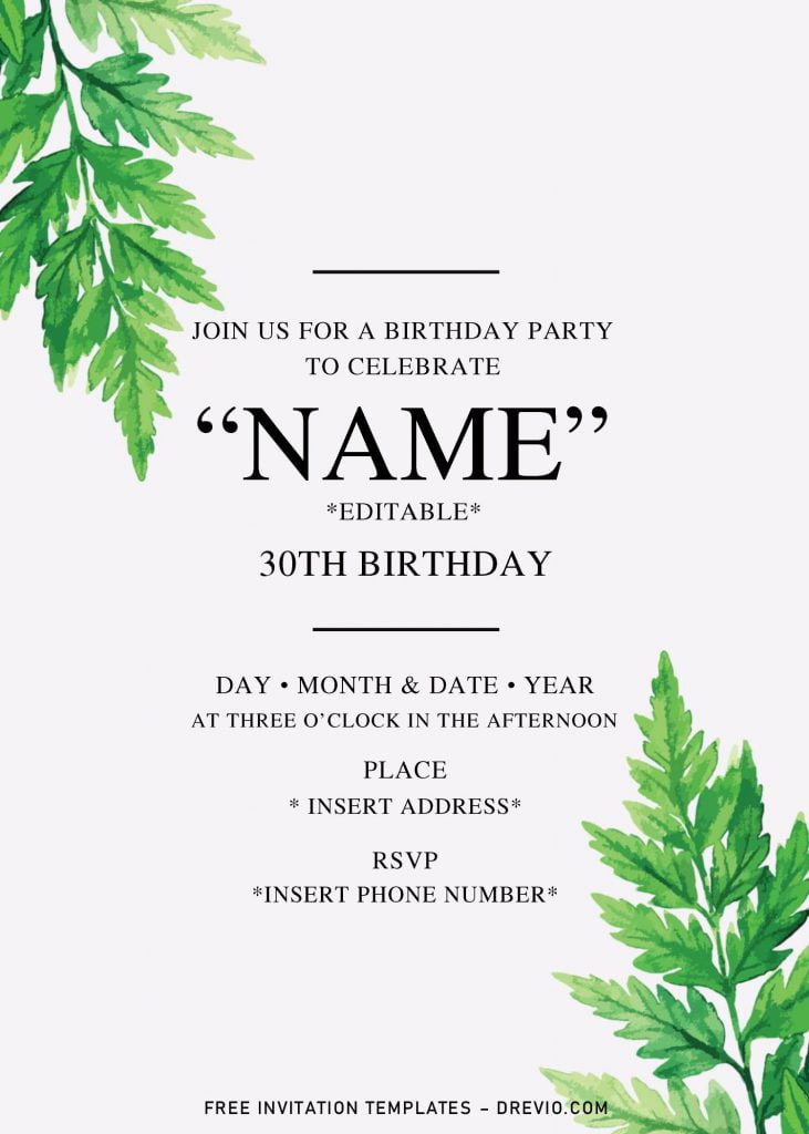 Greenery Birthday Invitation Templates - Editable With Microsoft Word and has canvas background
