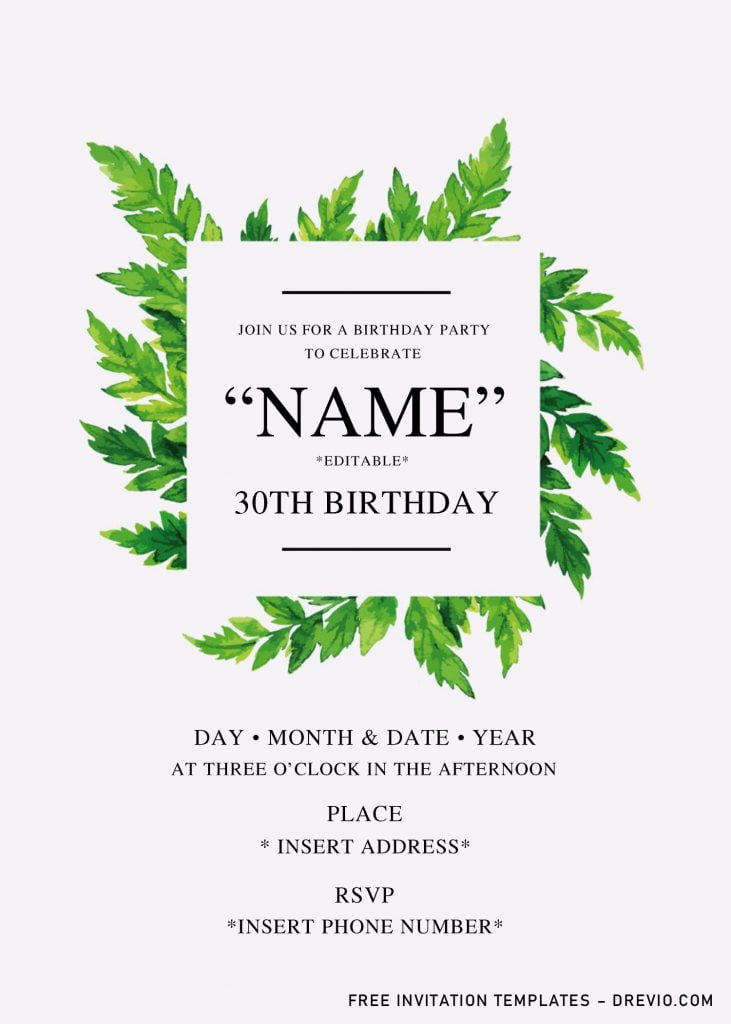 Greenery Birthday Invitation Templates - Editable With Microsoft Word and has square text box