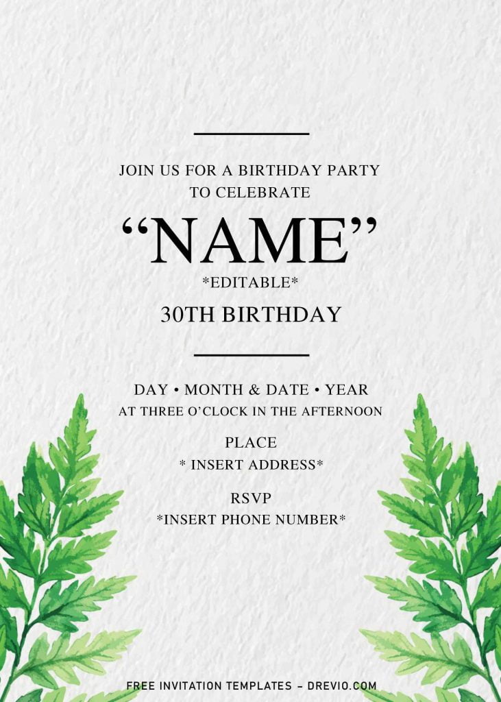 Greenery Birthday Invitation Templates - Editable With Microsoft Word and has portrait orientation