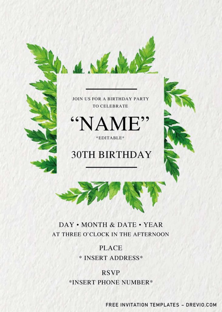 Greenery Birthday Invitation Templates - Editable With Microsoft Word and has green ferns