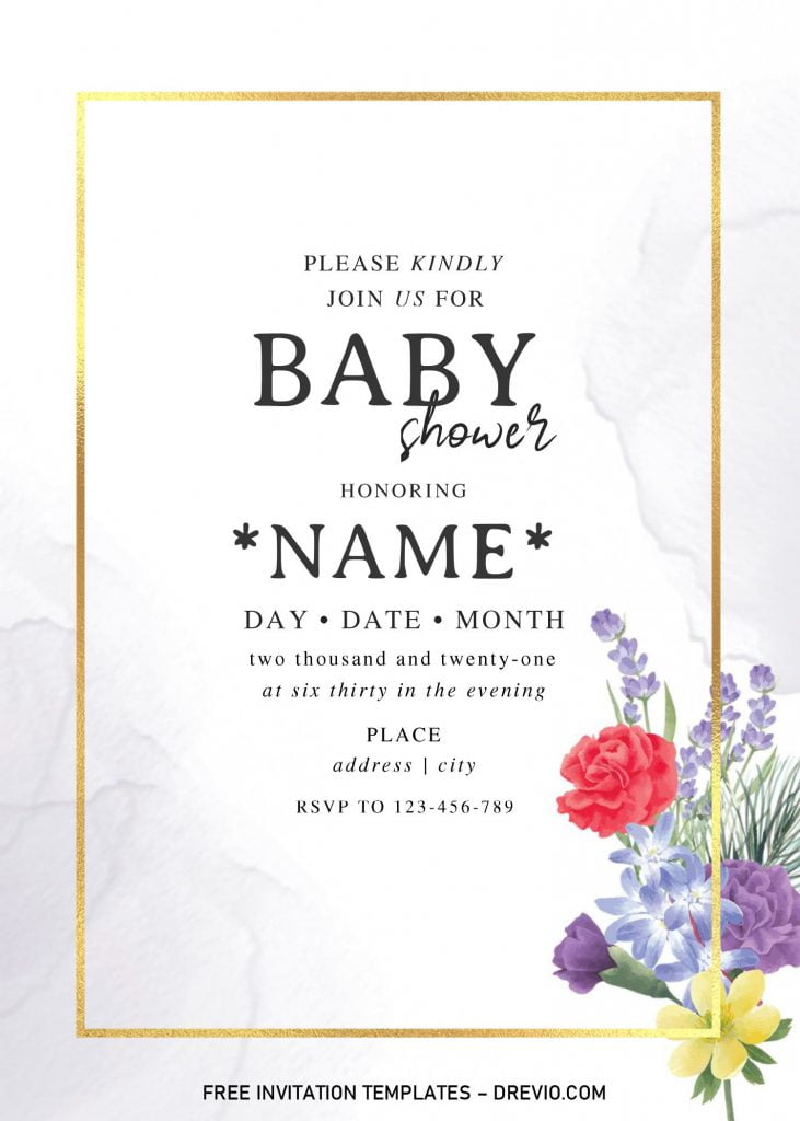 Lavender Roses Baby Shower Invitation Templates - Editable .Docx and has gold text frame